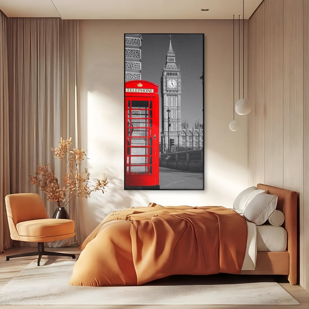Tablou canvas cu tablou canvas cu cabina rosie si big ben, in rama de aluminiu negru, pe perete intr-un dormitor
